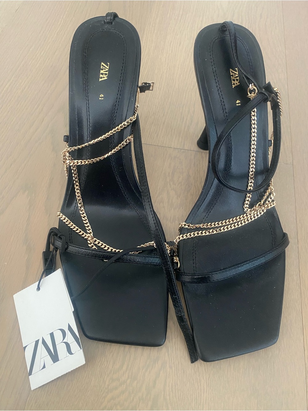 ZARA Black Heeled Sandals with Gold Chain Detail New with Tag